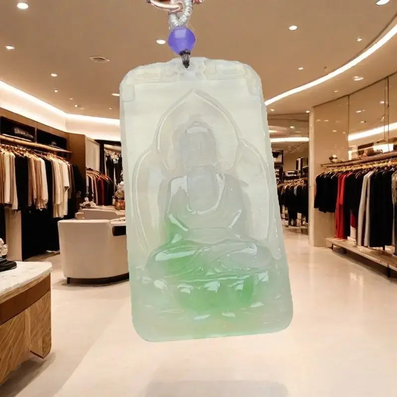

Laokeng species jadeite high ice species floating green double-sided Guanyin brand jadeite pendant fine carving