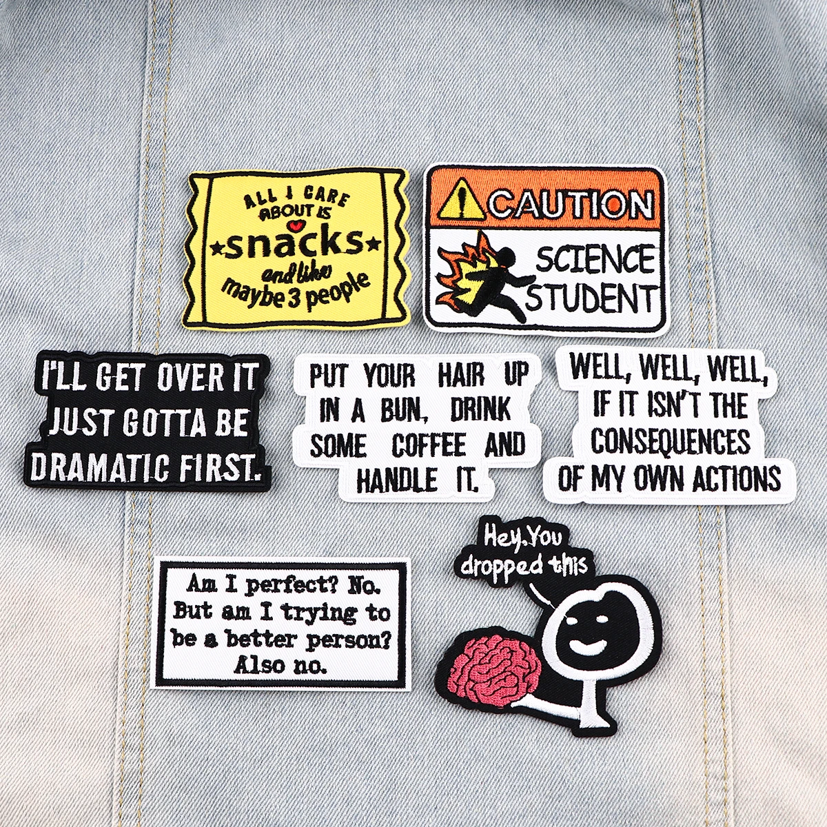 

Caution Patch Funny Quotes Iron-On Patches For Clothing Stickers Snacks Embroidered Patches On Clothes DIY Clothes Stripes