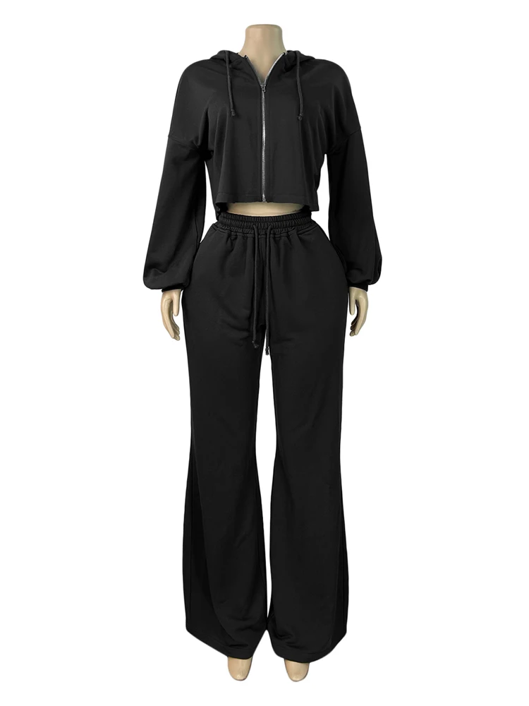 JENYAGE Oversized Zweiteiler-Set für Damen, weicher, einfarbiger, bequemer Crop-Hoodie mit Reißverschluss und Kordelzug, weite Jogginghose, Streetwear-Trainingsanzug – Detail 3