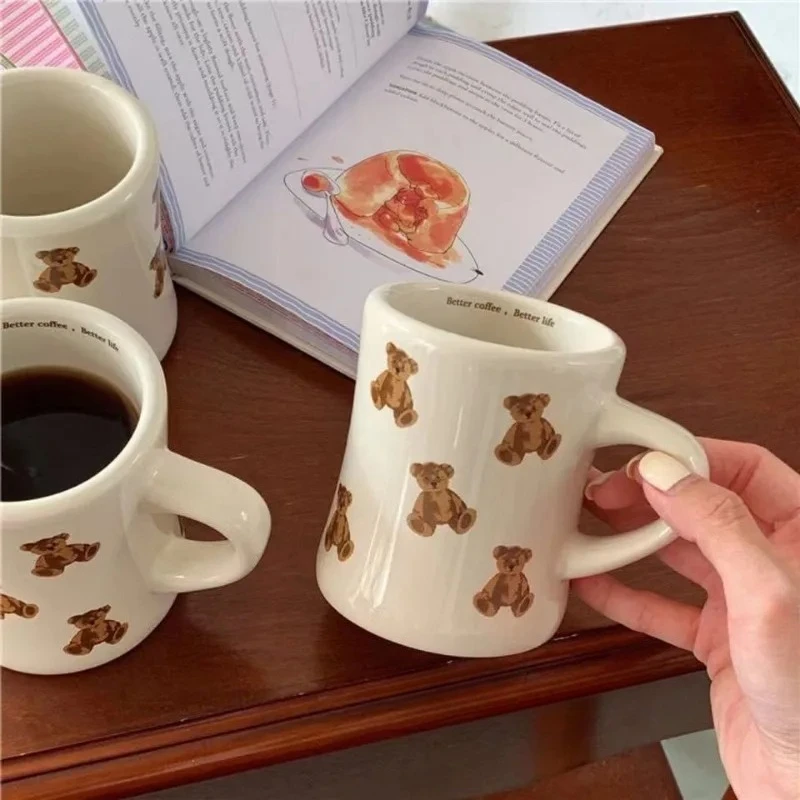 French Cream Bear Ceramic Mug, Large Capacity Retro Coffee Mugs, Cartoon Breakfast Milk Cups, Couple Tea Cup, Holiday Gift