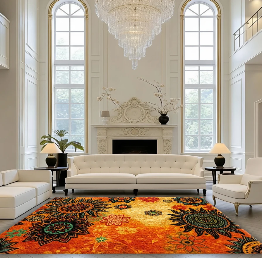 Orange Bohemian Sunflower Floral Area Rug Non Slip Washable Vintage Boho Living Room Floor Mat