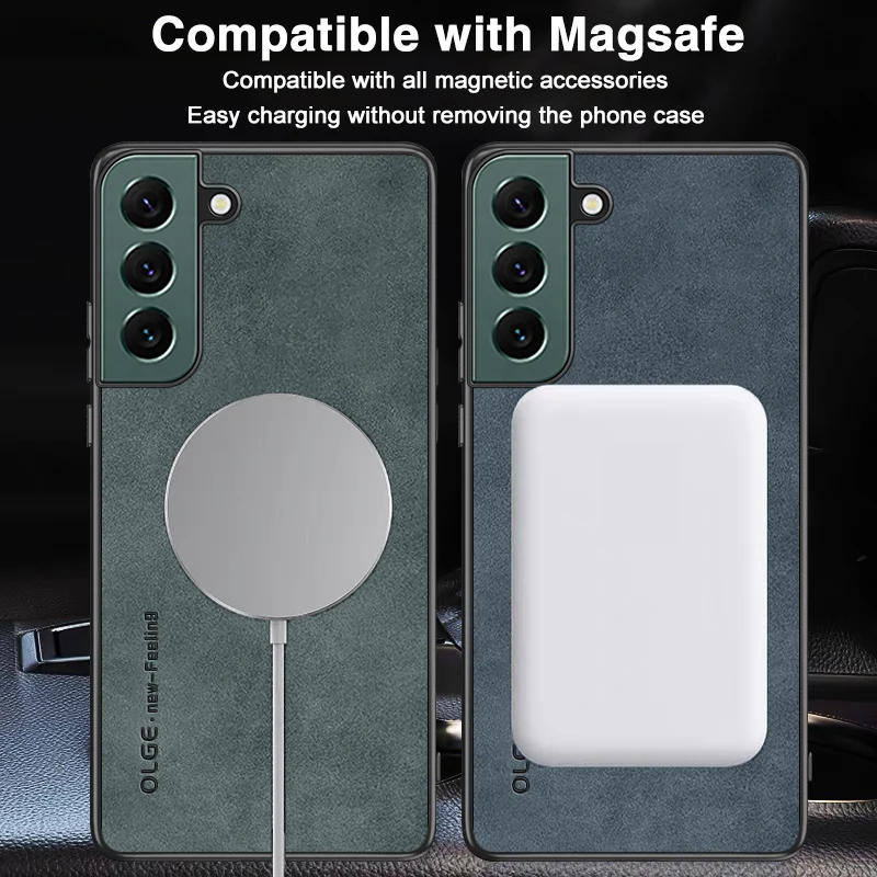 Suede Leather For Magsafe Magnetic Wireless Charge Case For Samsung Galaxy S23 S22 S21 Ultra Plus S21FE Note 20 Ultra Cover