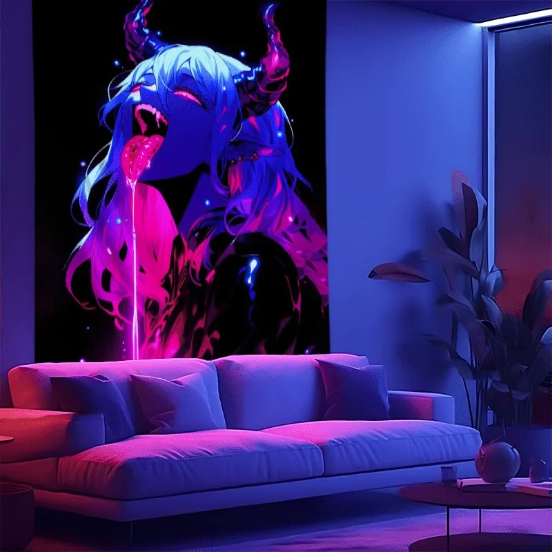 Anime Design Neon Tapestry Mysterious Pink Devil Pattern Fluorescent UV Tapestry UV Reaction