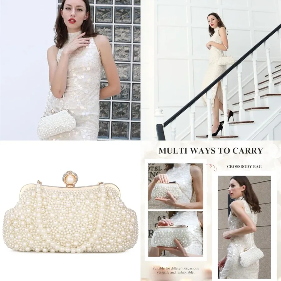 

Women Pearl Clutch Bag Noble Crystal Beaded Evening Bag Wedding Clutch with Pearl Chain