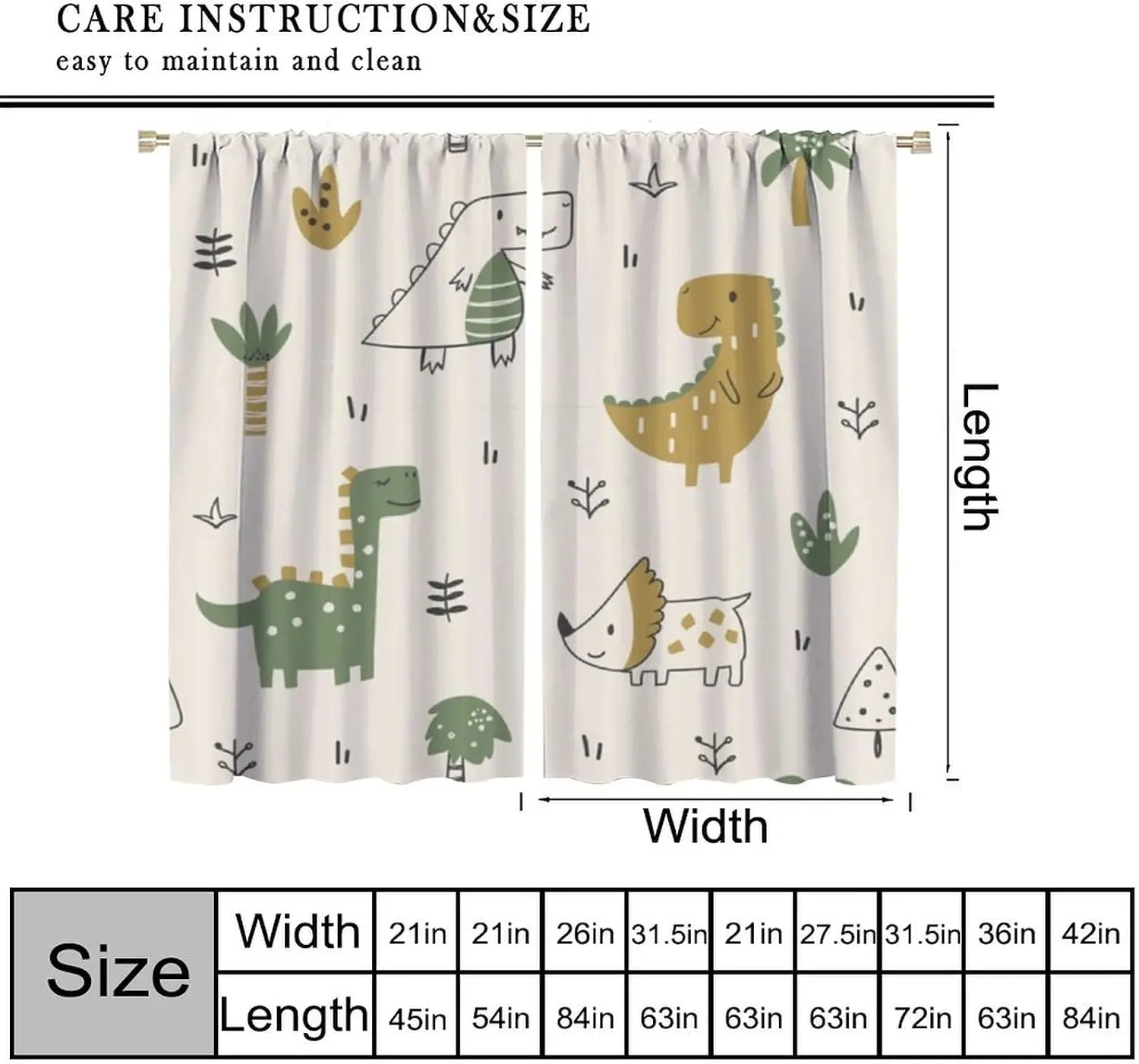 Neutral Boho Dino Curtains, Simple Line Drawing Dinosaur Tropical Plant Soft Earth Tone Print for Minimalist Toddler Nursery