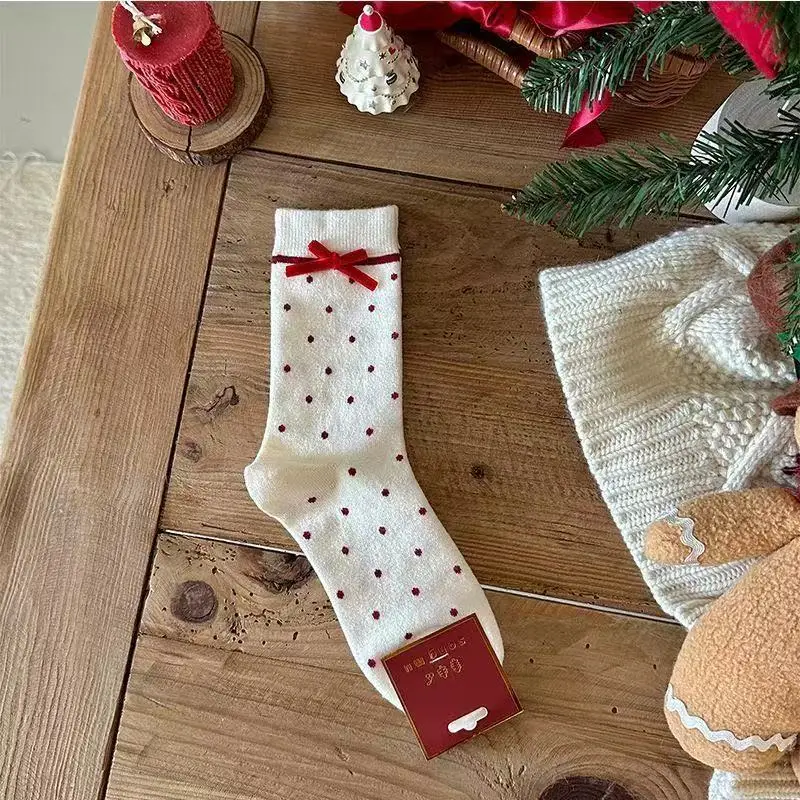 Süße Weihnachtssocken mit gepunkteter Schleife für Damen, weiche Baumwoll-Blumenstrick-Crew-Socken, für den täglichen Gebrauch, JK-Uniform, süße Freizeitoutfits – Detail 9