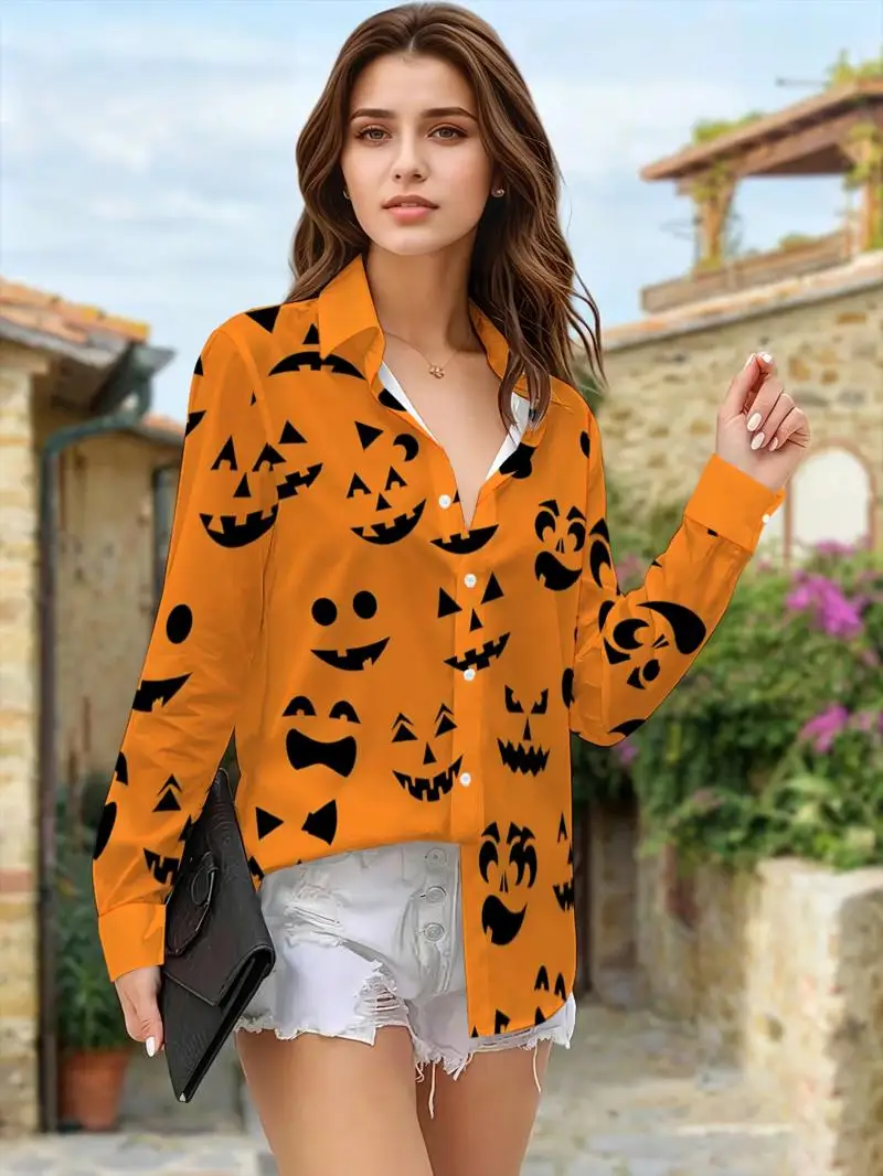 Damen-Halloween-Oberteil mit Kürbisdruck und langen Ärmeln – lustige, an Feiertage angelehnte Modeoberteile für Damen. – Detail 4