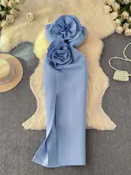 Elegant 3D Flower Long Dresses Women 2025 Summer Sexy Backless Slash Neck Bodycon Pencil Evening Party Vestidos Blue
