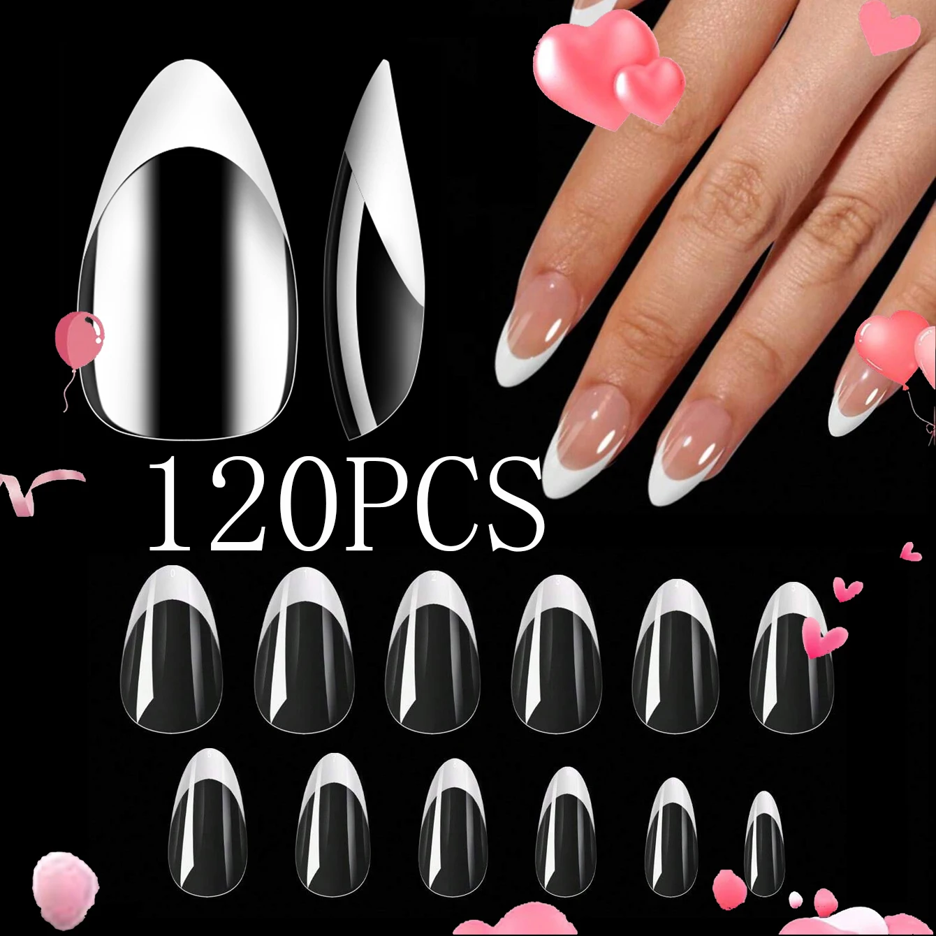 Punta de uña de borde blanco francés de almendra corta, punta de uña falsa completamente cubierta, punta de pegamento falso de prensado formado para uso doméstico DIY, 120/150 Uds.