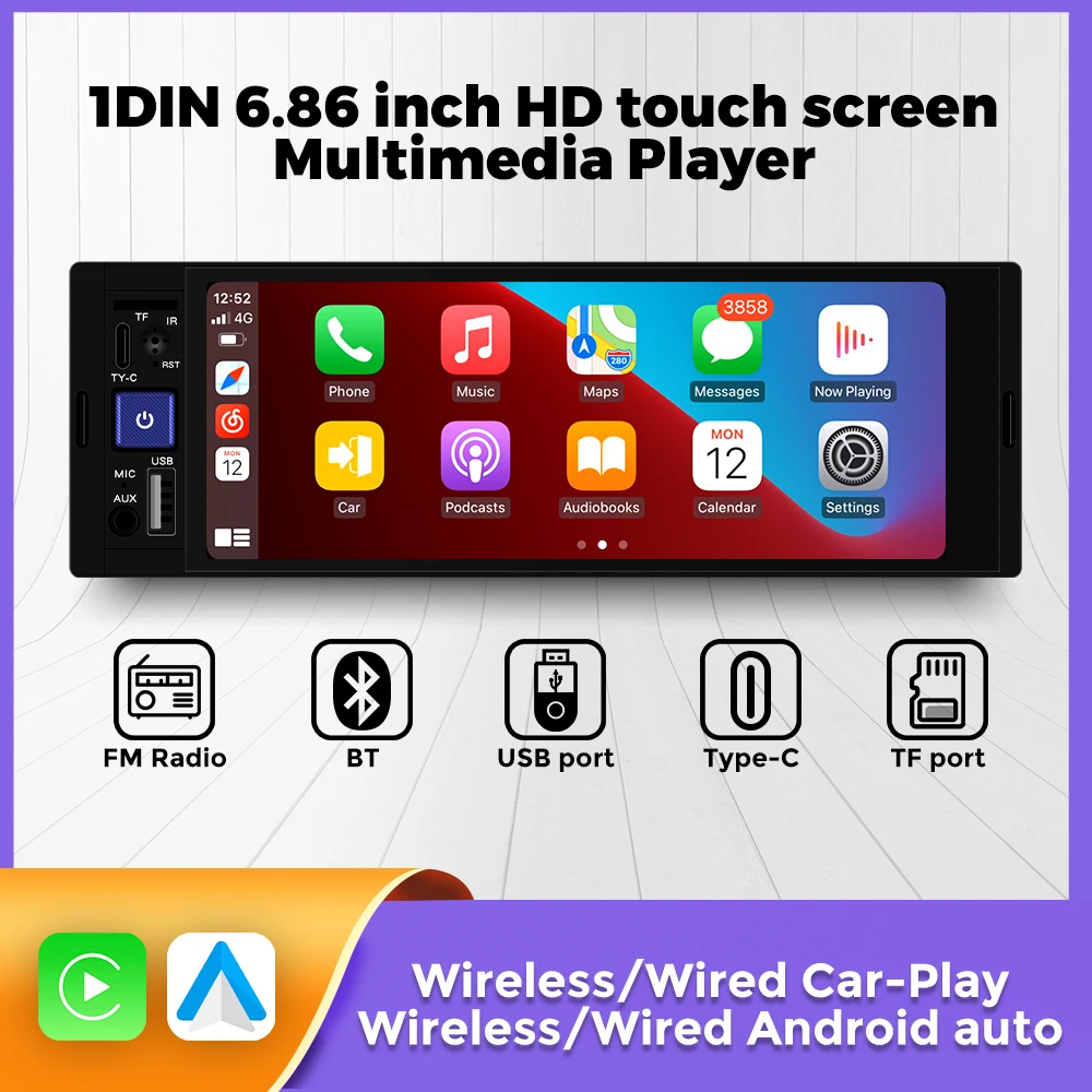 1 Din Wireless Carplay Android Auto Car Multimedia Radio For Benz Audi BMW Ford Honda VW Volkswagen Navigation GPS Head Unit SWC 