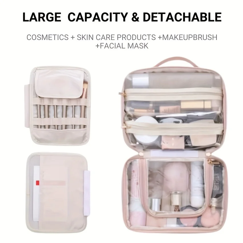 2024 Makeup Cosmetic Bag, Travel Makeup Organizer with 2 Detachable and Removable Pockets, Waterproof Toiletry Bag, Luxury Aesth