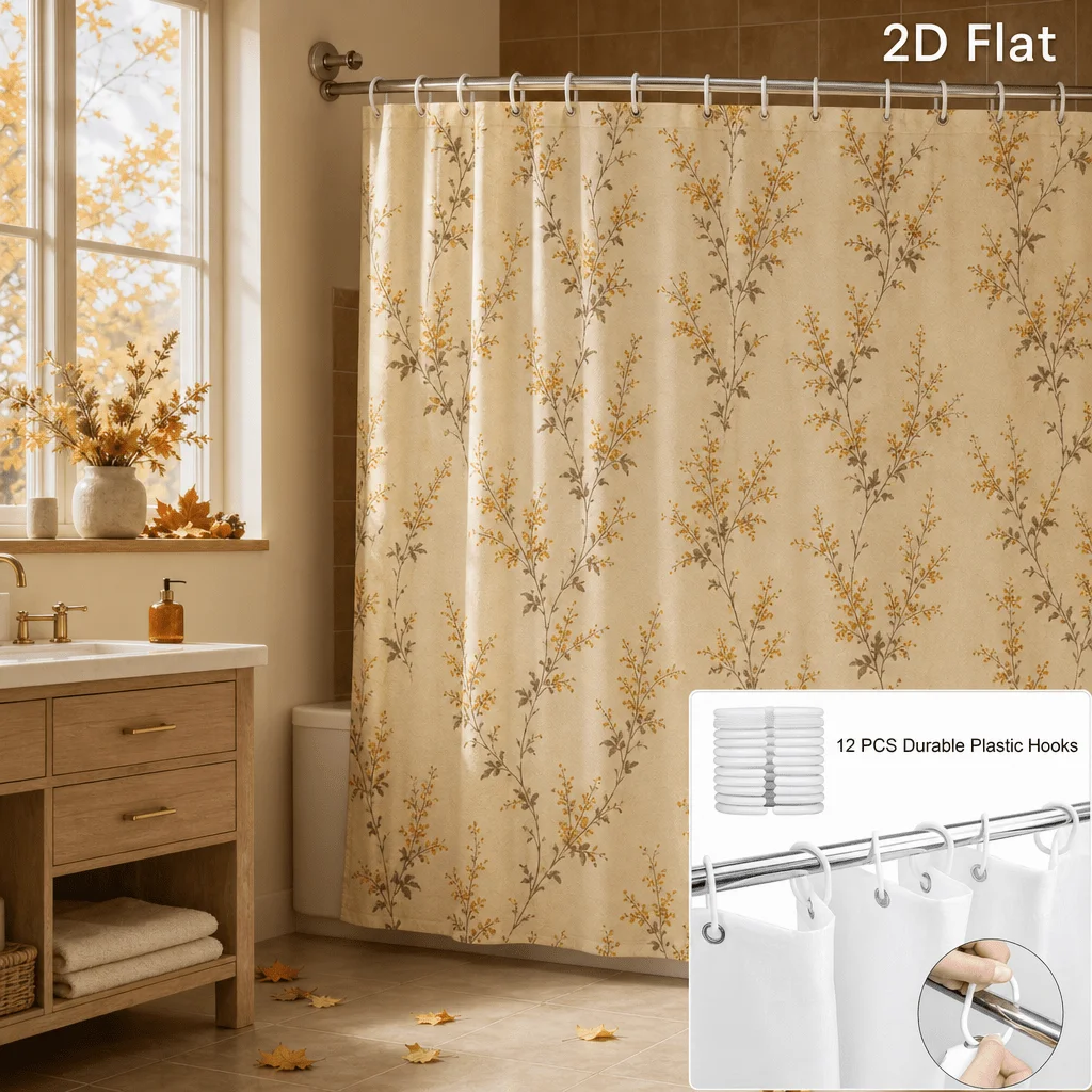 Shower Curtain 180.34x180.34 cm Floral Botanical Branch Print Farmhouse Rustic Beige Shower Curtain with 12 Hooks Neutral Nature