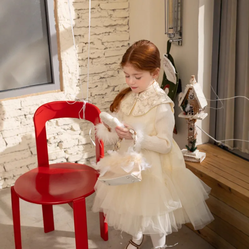 2026 Winter Spring New Year Party Fashion Sweet Fleece Lined Princess Hem Sheer Skirt  Sleeveless Dress 2-12 Year Toddler Outfit view 4