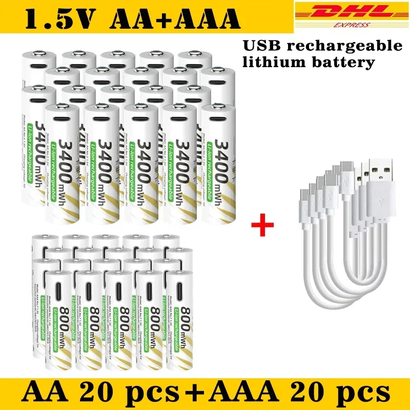 

New USB 1.5V AAA and AA Rechargeable Lithium ion Batteries 1.5V 3400mWh aa Li-ion Batteries+800mWh 1.5V aaa Li-ion Battery