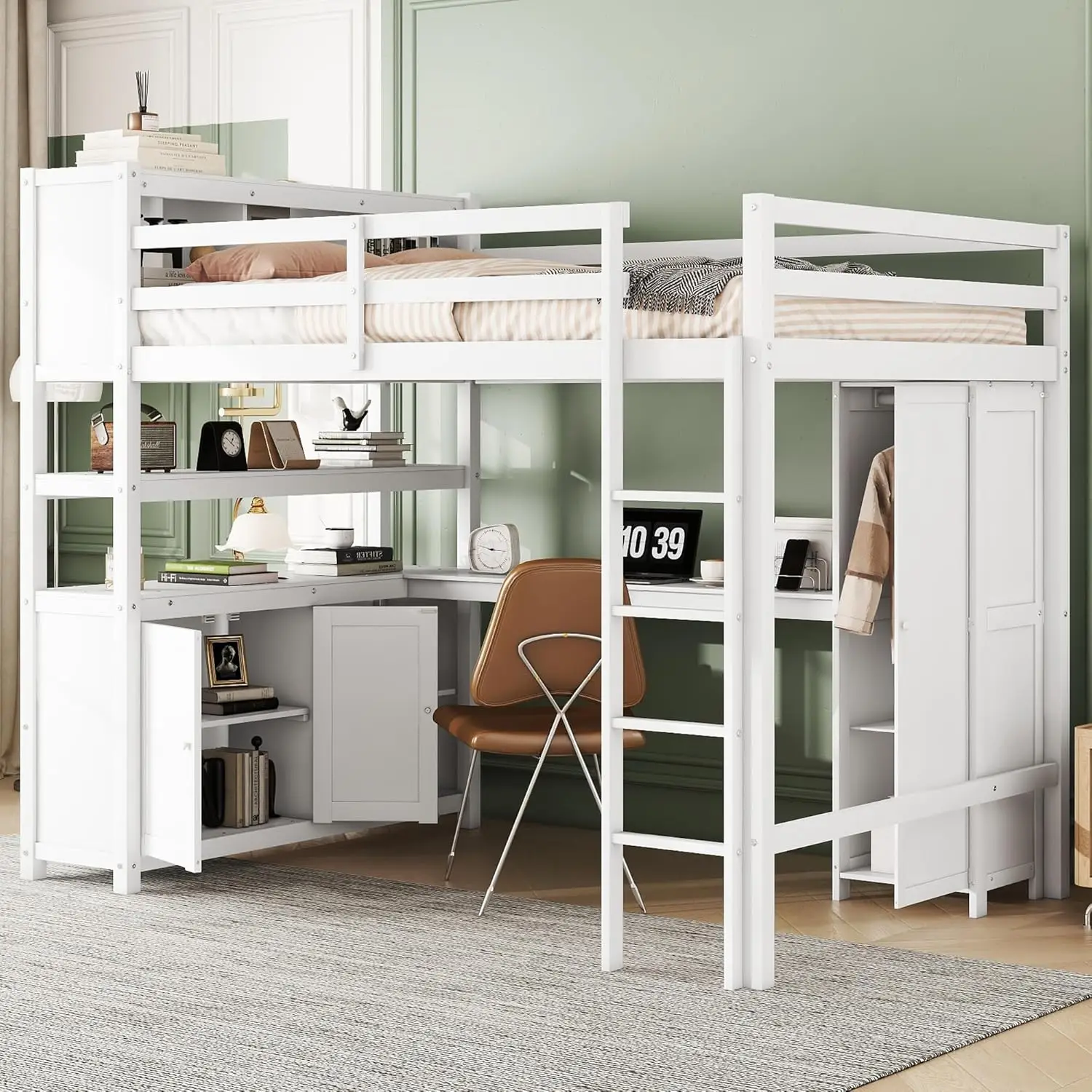 

Wood Loft Bed With Built-In Desk And Wardrobe, Modern Full Size Loft Bed Frame With Cabinet And Bookshelf For Kids Teens Adults