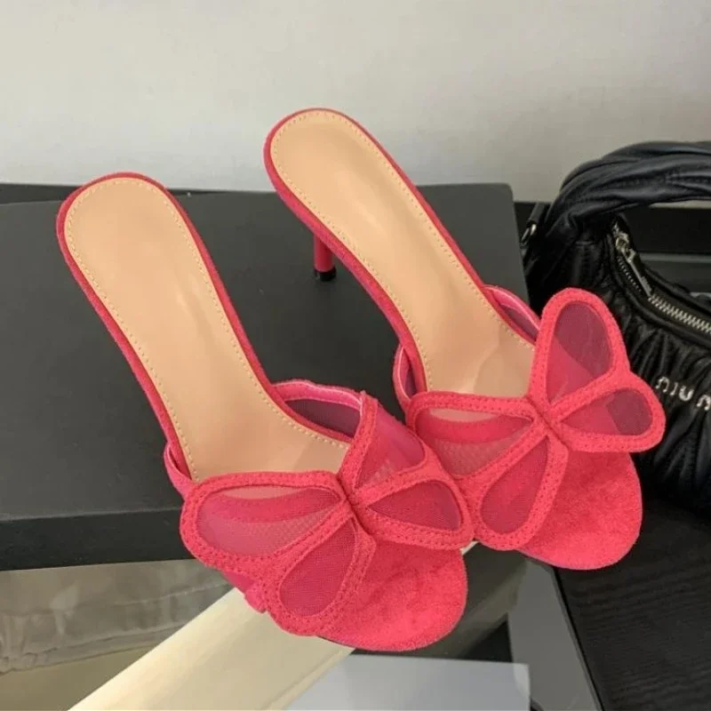 فراشة مصمم كعب رقيقة الشرائح النساء النعال مثير الصيف جديد مأدبة أحذية الحفلات أزياء العلامة التجارية السيدات صندل كعب عالٍ