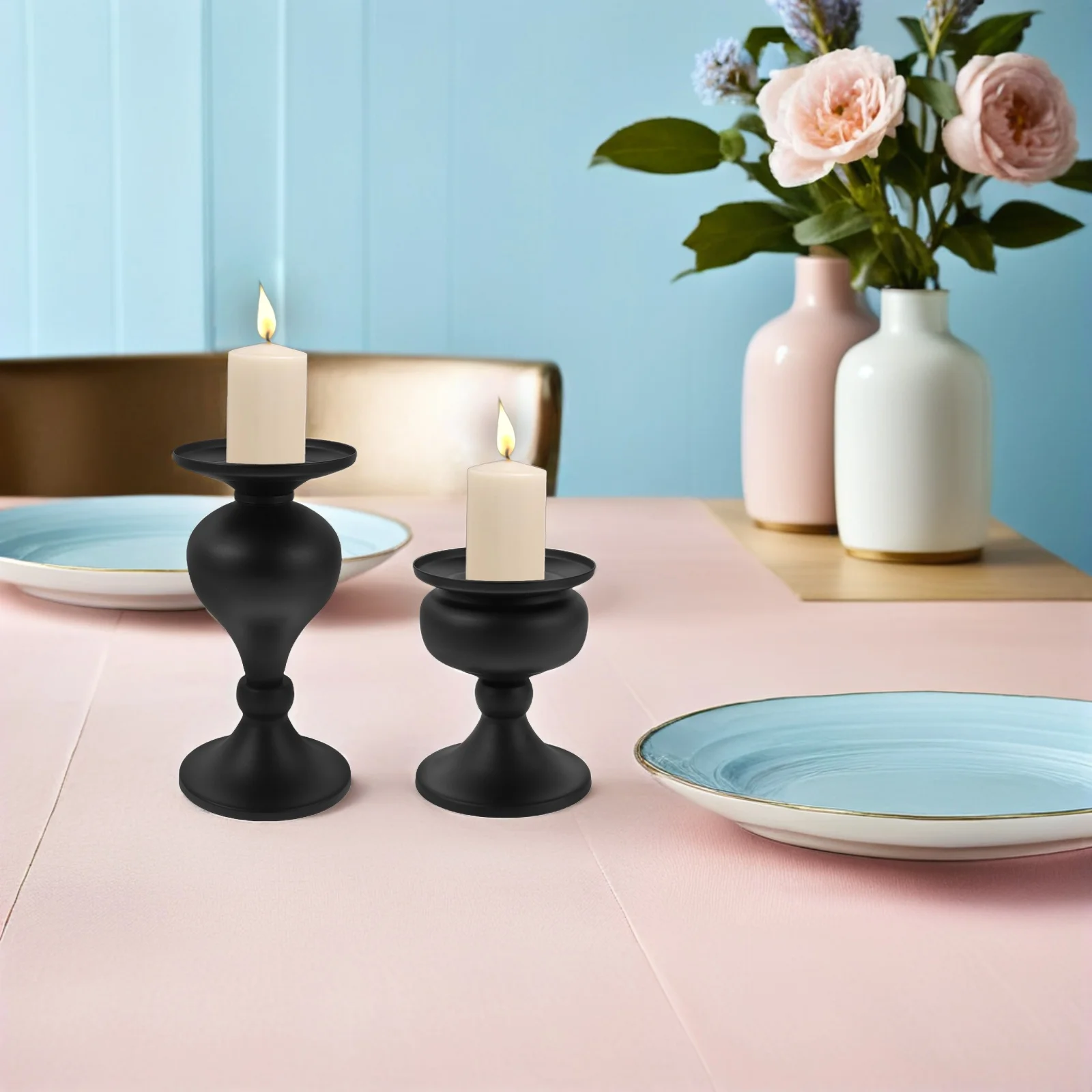 

2pcs Metal Taper Holders Vintage Black Rustic Candlestick Holders For Table Centerpiece Decorative Stands Farmhouse Party