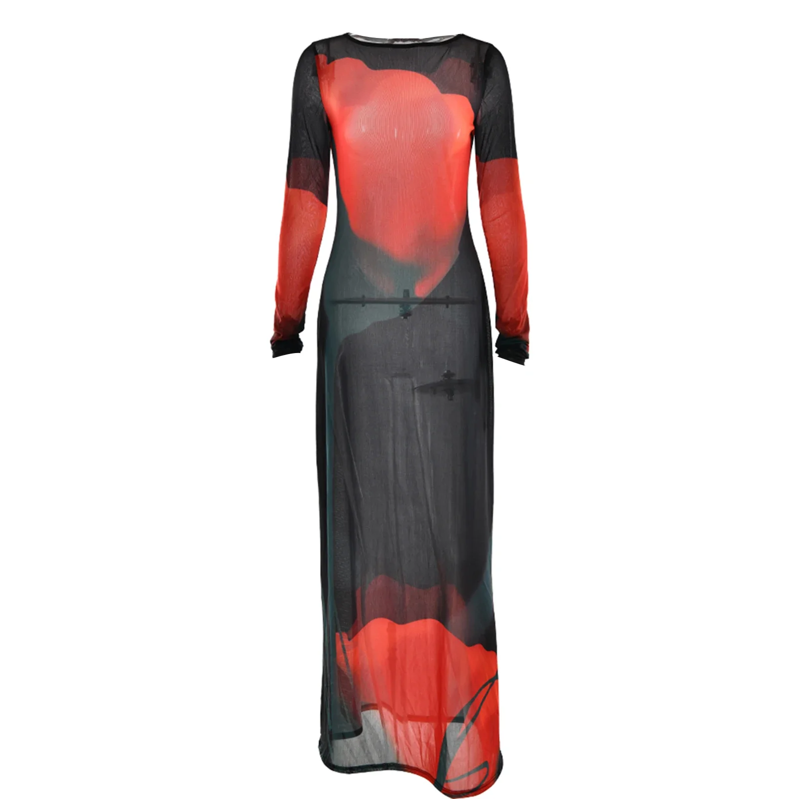 Sukienka damska See Through Flower Dress Mesh Sheer Crew Neck Long Sleeve Bodycon Long Dresses for Spring Summer Sexy Club Party