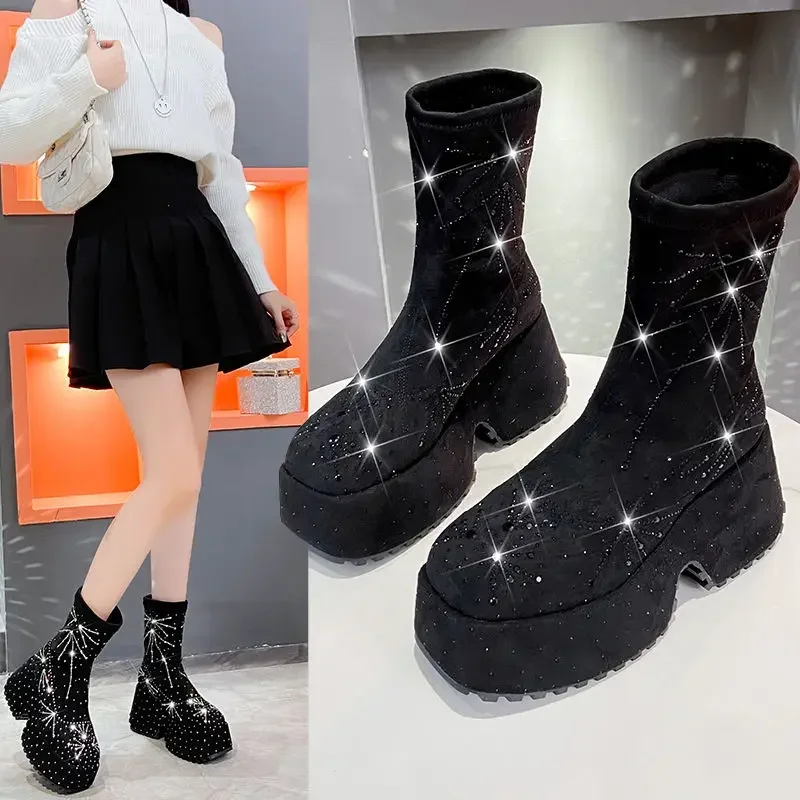 Top Quality Women Elastic Boots Casual Ankle Boots Women Rhinestone Sneakers Black Botas Mujer Plus Size Crystal Botines