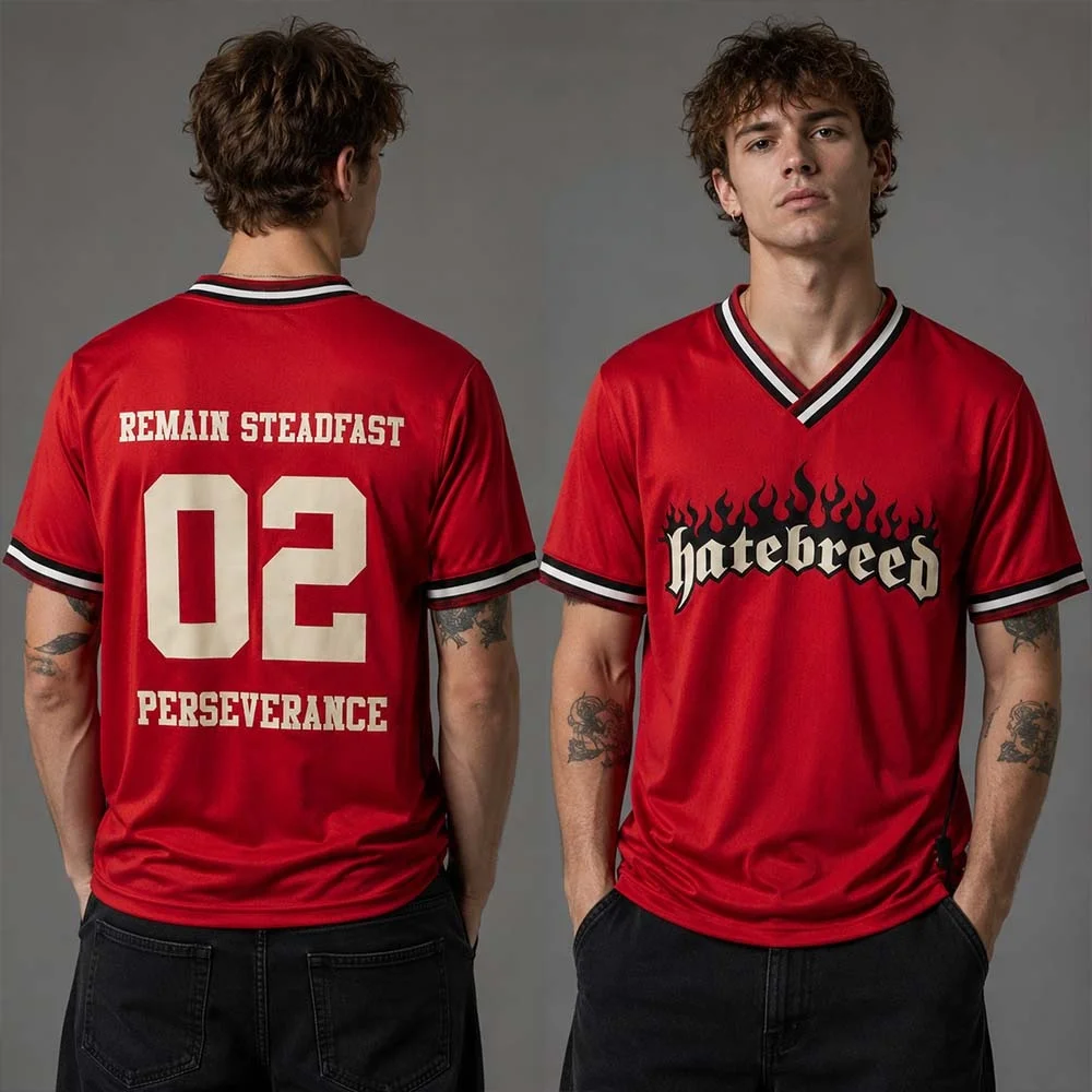 Nouveau maillot de football Hatebreed Perseverance 02 rouge à col en V 2026, imprimé 3D Hardcore Metal, manches courtes, pour fans, vêtements de famille Y2K