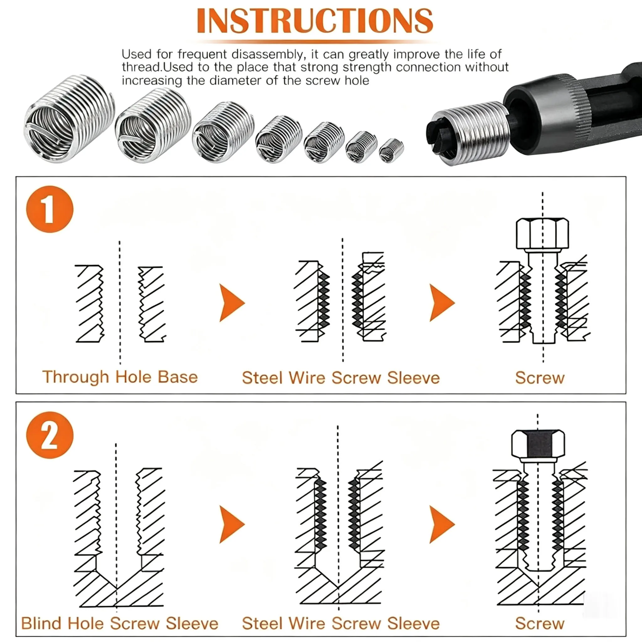 Wire Thread Insert Silver Threaded Insert Screw Thread Insert Corrosion Resistant Helicoil Kit For Blind Hole Screw Connection
