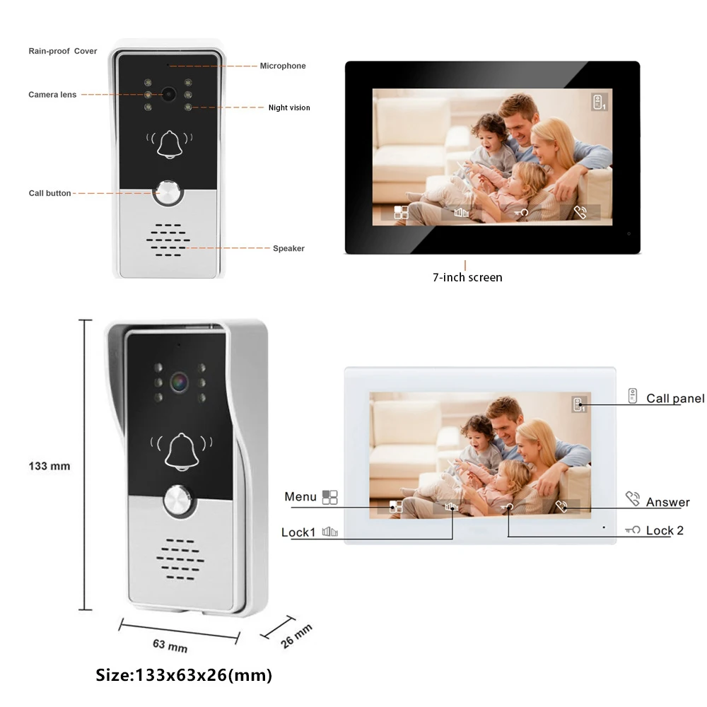 720P Video Intercom System Kit Wired Video Doorbell Phone Rainproof Call Panel IR Camera for Home Villa Building 4 Wires