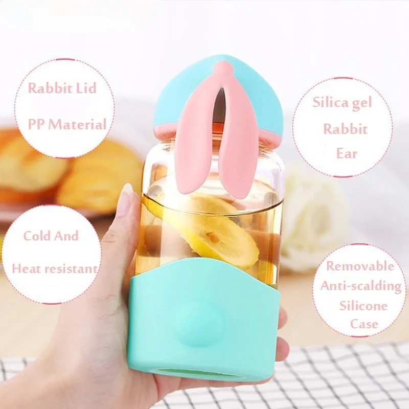 Cute Water Bottles Cartoon Rabbit Glass Bottle with Silicon Sleeve for Kids Student Girls Portable Drink  Glass Cup