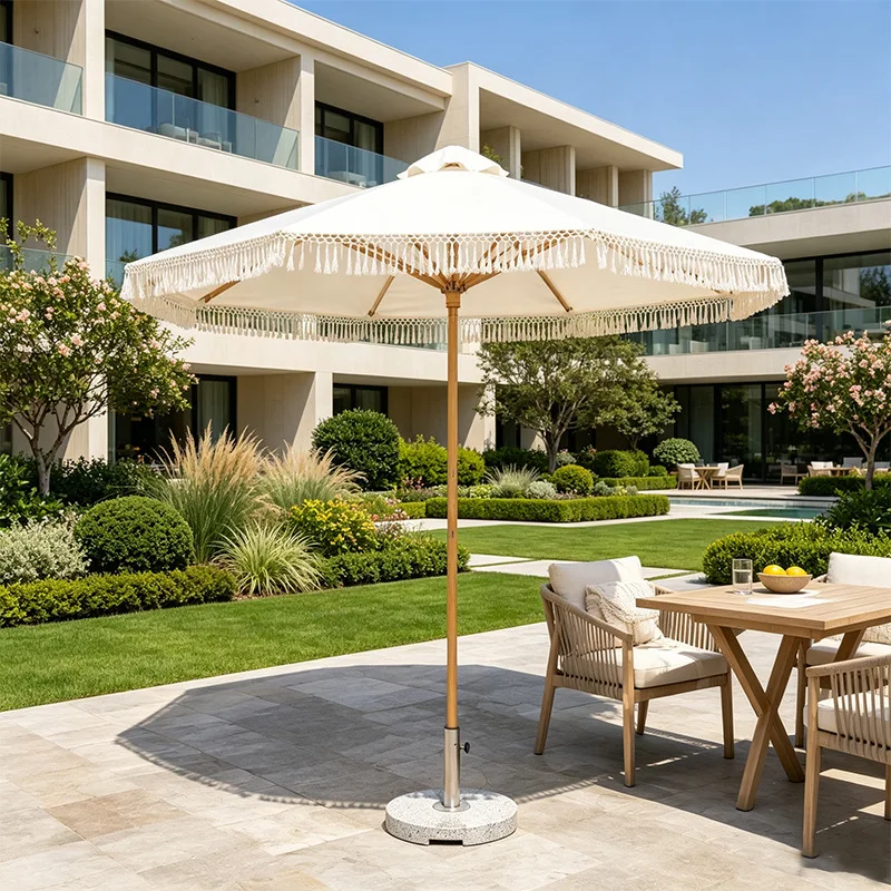 HYS Outdoor Parasol French Tassel Parasol Garden Sunscreen Leisure Beach Umbrella Beige Sunshade Central Column Umbrella