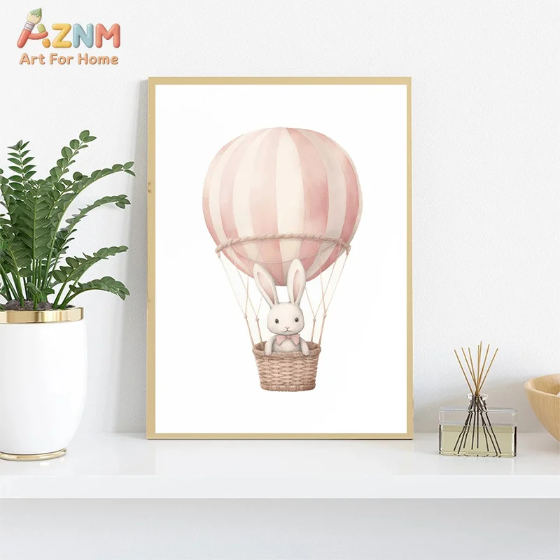AZNM Soft Pink Watercolor Bunny Canvas Wall Art Rabbit Hot Air Balloon Umbrella Gentle Pastel Print Unframed Canvas Cute Baby Nu