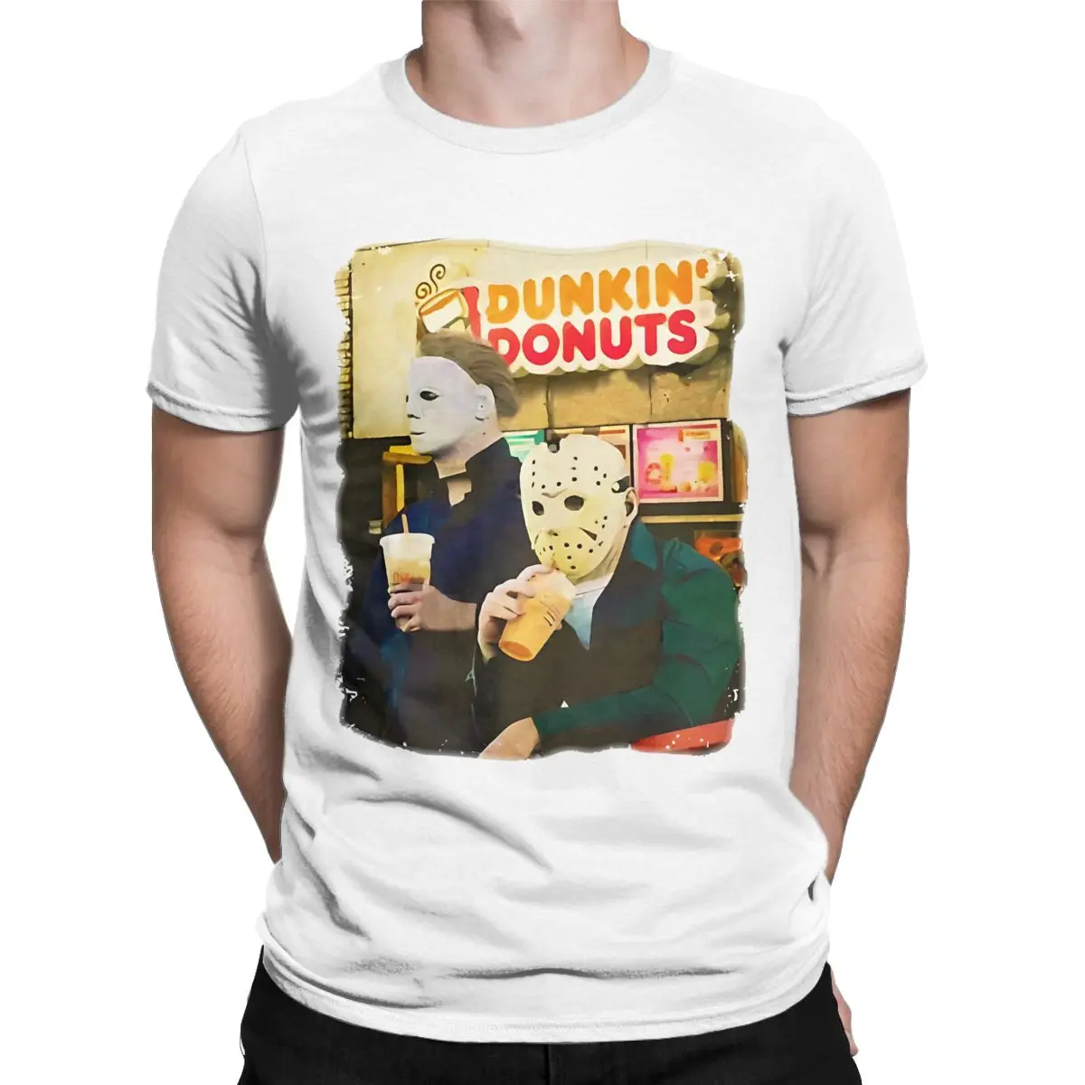 Leisure Michael Myers Drinking Coffee Jason Voorhees T-Shirts Men Crew Neck T Shirt Funny Movie Short Sleeve Tee Plus Size merch