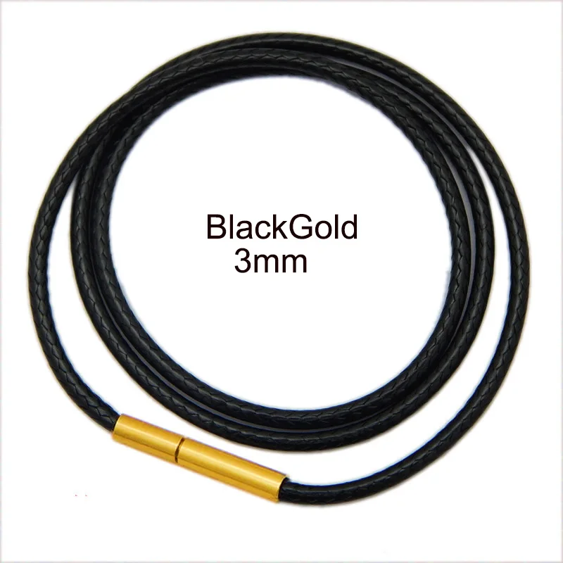 3mm 60cm 70cm Black Leather Waxed Cord Necklace for Men Women Choker Braided Necklace Cord Stainless Steel Tube Connectors Clasp