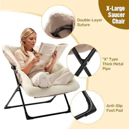 

Beige Oversized Folding Saucer Lounge Chair With Thick Metal Frame And Anti-Slip Feet For Reading Relaxation