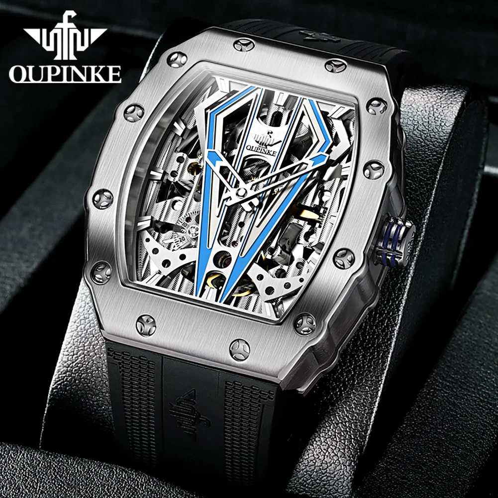OUPINKE 3179 Luxury Automatic Watches for Man Fashion Silicone Strap Waterproof Skeleton Tonneau Mechanical Men's Wristwatches