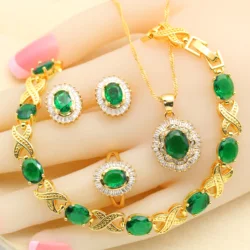 Amazing Green Zirconia Gold Plated Jewelry Sets for Women Earrings Necklace Pendant Open Ring Bracelet Christmas Birthday Gift