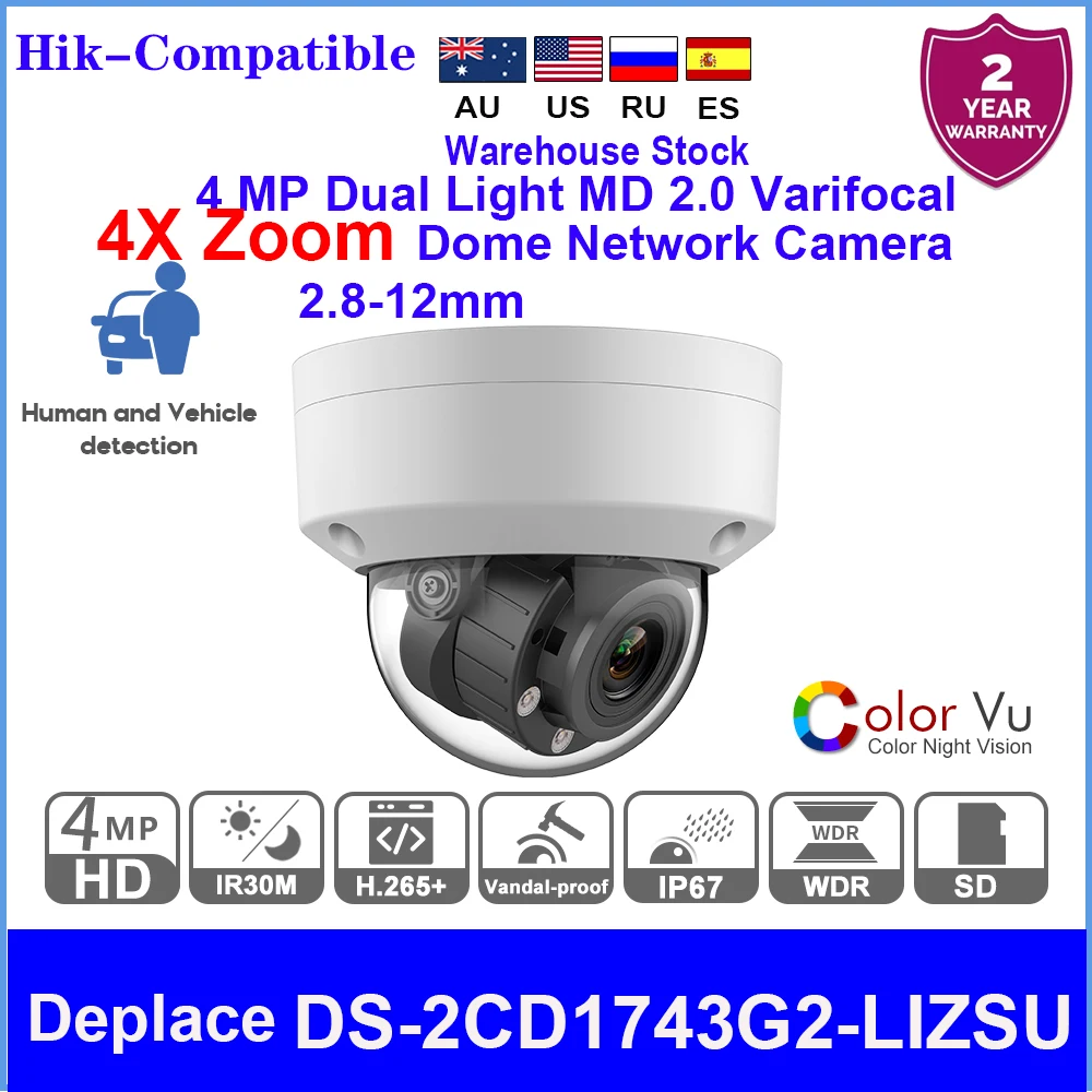 Hikvision OEM 4MP ColorVu Dual Light IP Camera DS-2CD1743G2-LIZSU 4X Zoom Built-in Mic SD Card slot Surveillance Network Camera