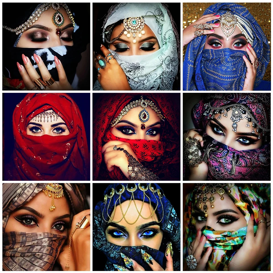 5D Diamond Embroidery Indian Woman Mosaic Rhinestone Diamond Painting Muslim Portrait Cross Stitch Kits Round Drill Home Decor