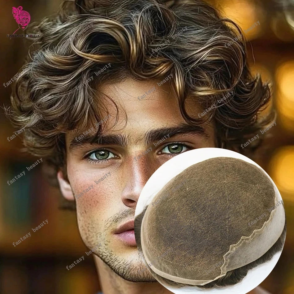 

Мужской парик-накладка из натуральных волос, 28 мм, кудрявый, коричнево-серый, с швейцарским кружевом Q6, вентилируемый, с осветленными узлами, для замещения волос