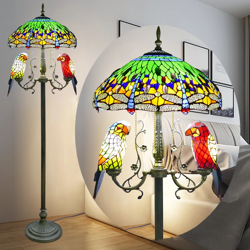 

OUFULA Tiffany Floor Lamp American Retro Living Room Bedroom Lamp Country Stained Glass Floor Lamp