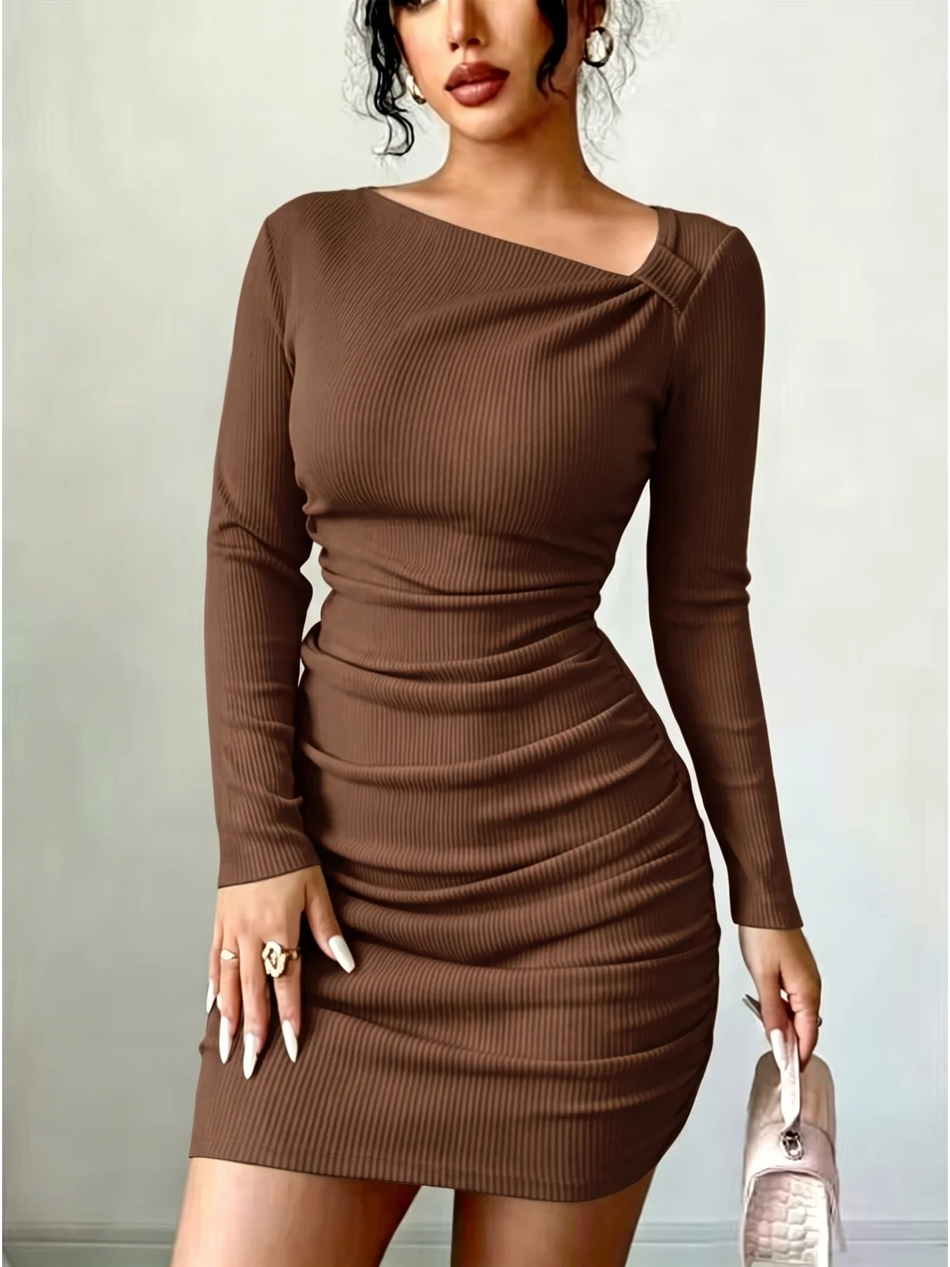 Women's Autumn Casual Elegant Solid Color Dress Mini Skirt Length Long Sleeved Pit Stripe Slanted Collar Fashion