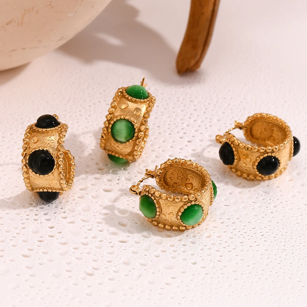 E.B.belle Vintage Green Black Agate Flower Basket Hoops Stainless steel jewelry woman aesthetic earrings waterproof jewelry
