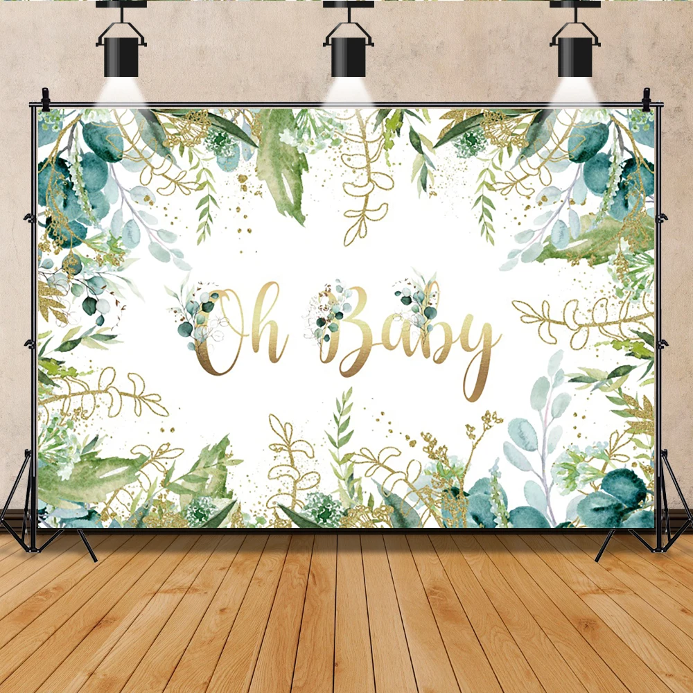 Oh เด็กฉากหลังสำหรับ Baby Shower สีเขียวป่าเพศ Neutral Gold สีเขียวใบตกแต่งภาพพื้นหลังที่กำหนดเอง