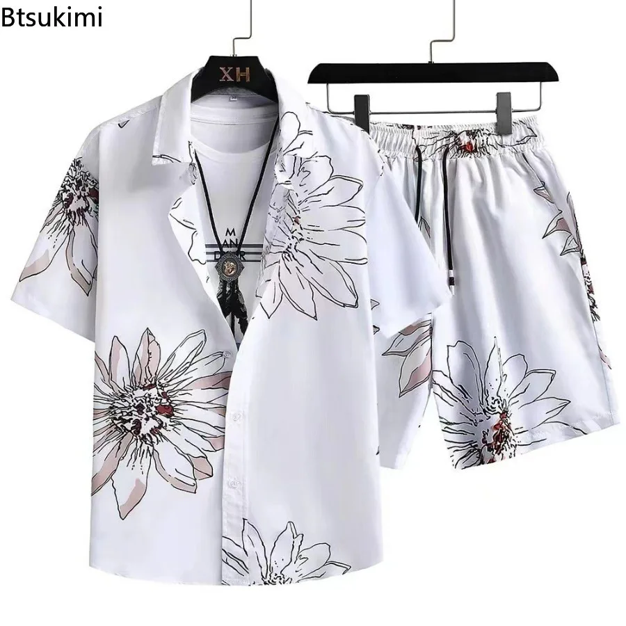 Summer Fashion Men's Hawaiian Shirt Shorts Two Piece Sets 3D Print Short Sleeve Button Cardigan Casual Beach Suits Plus Size 5XL