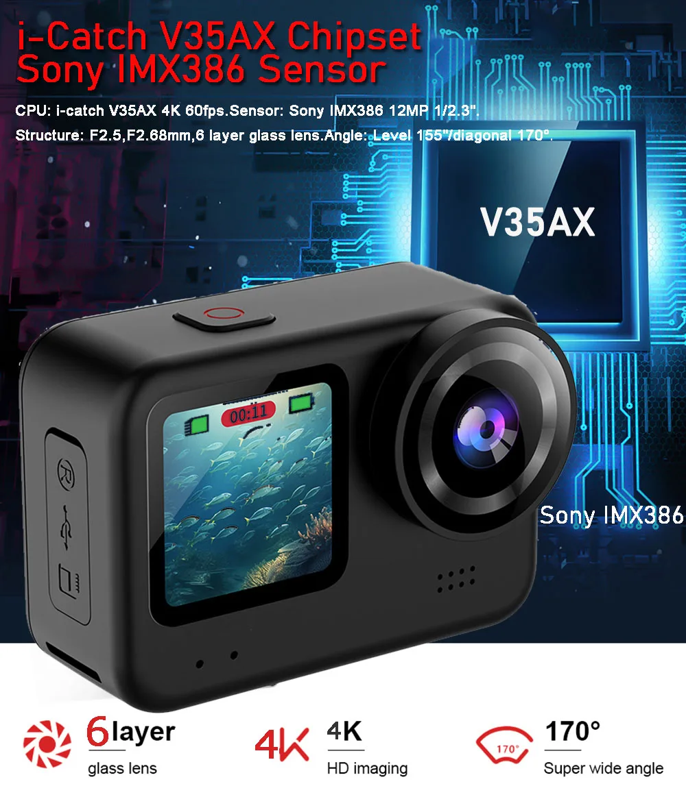 4K60FPS 20MP Action Camera 5M Body Waterproof EIS 170D DVR Sports Video Recording Dual Display 2\