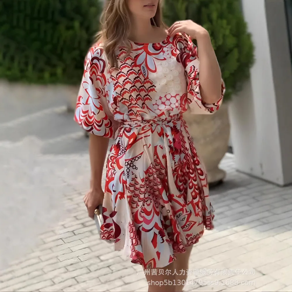 

Mid Length Dress Women Dresses A Line Vestidos Streetwear Round Neck Short Sleeve Print Elegant Beach Splice Y2k High Waist 2025