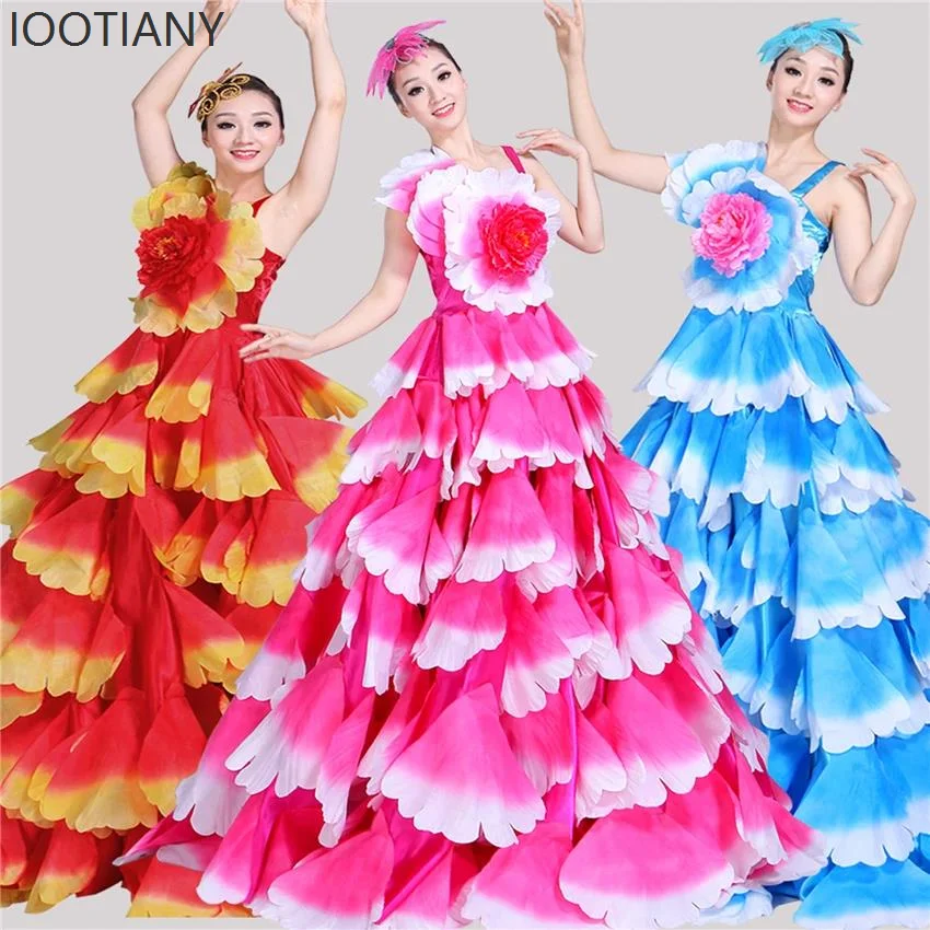 ジプシーダンススカート女性のスペインベリーダンス大花びらコーラーステージパフォーマンス衣装 360-720 度フラメンコダンスドレス