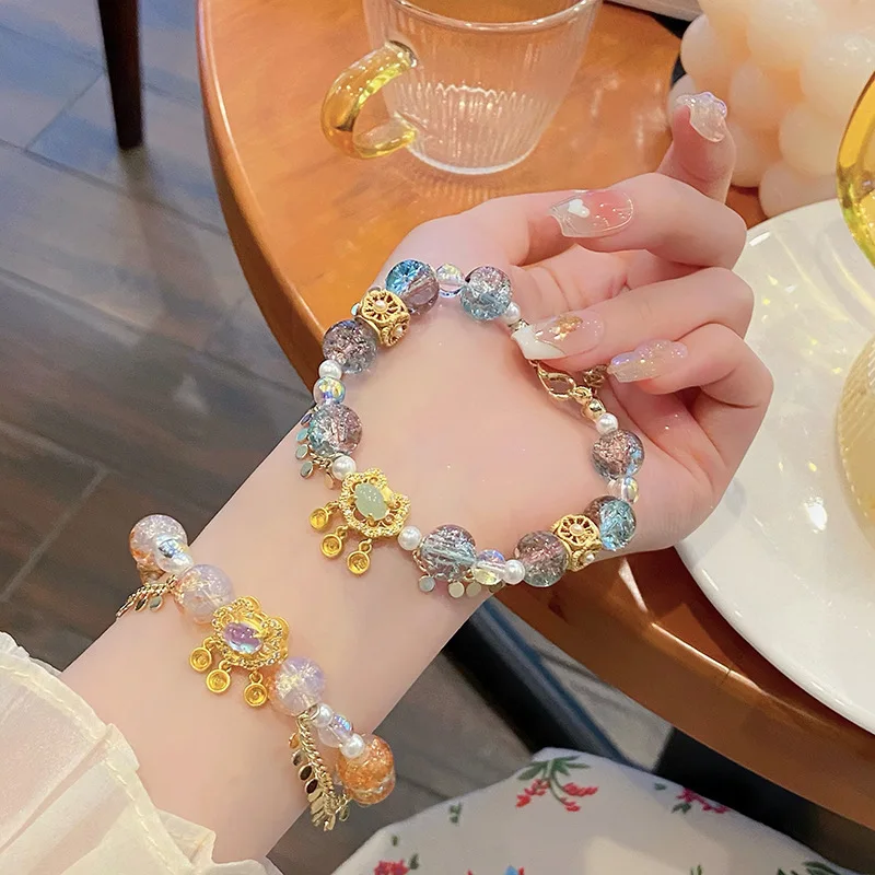 Dunhuang Kweichow Moutai Super Fairy Sweet Princess Style Glass Cracked Cystal Safety Lock Fresh Girl Student Bracelet