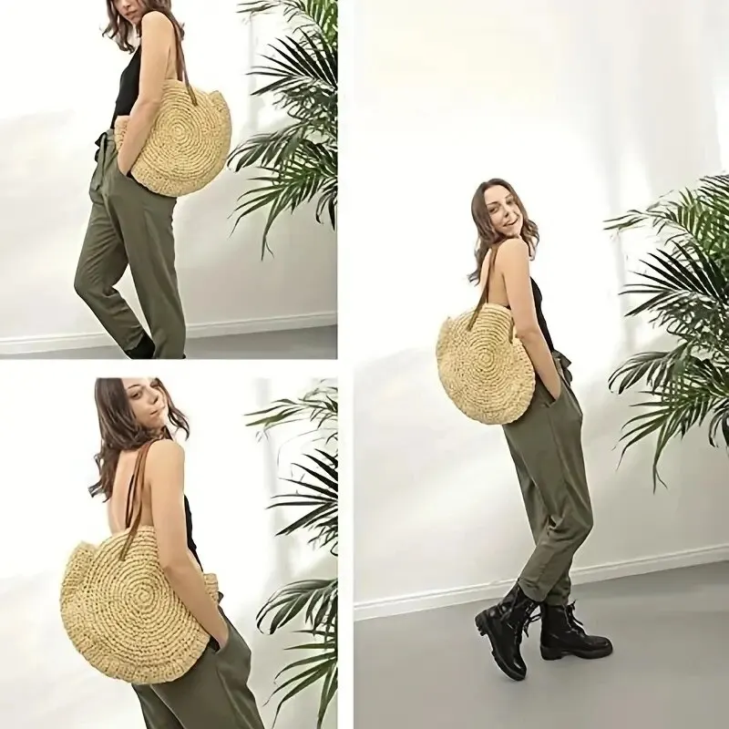 Hollow Woven Straw Bag Round Vacation Shoulder Bag Large Capacity Simple Round Woven Beach Bag Casual Shoulder Bag Travel