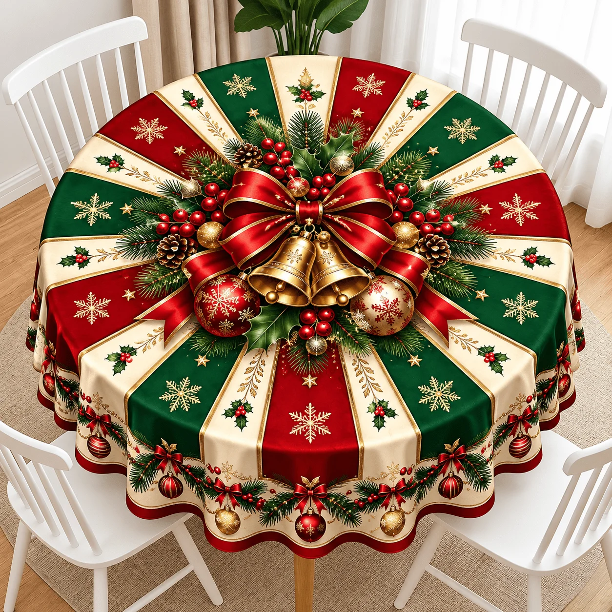 1 round tablecloth, Christmas red, green and gold radiated stripe printed polyester tablecloth, with large bow, Christmas ball