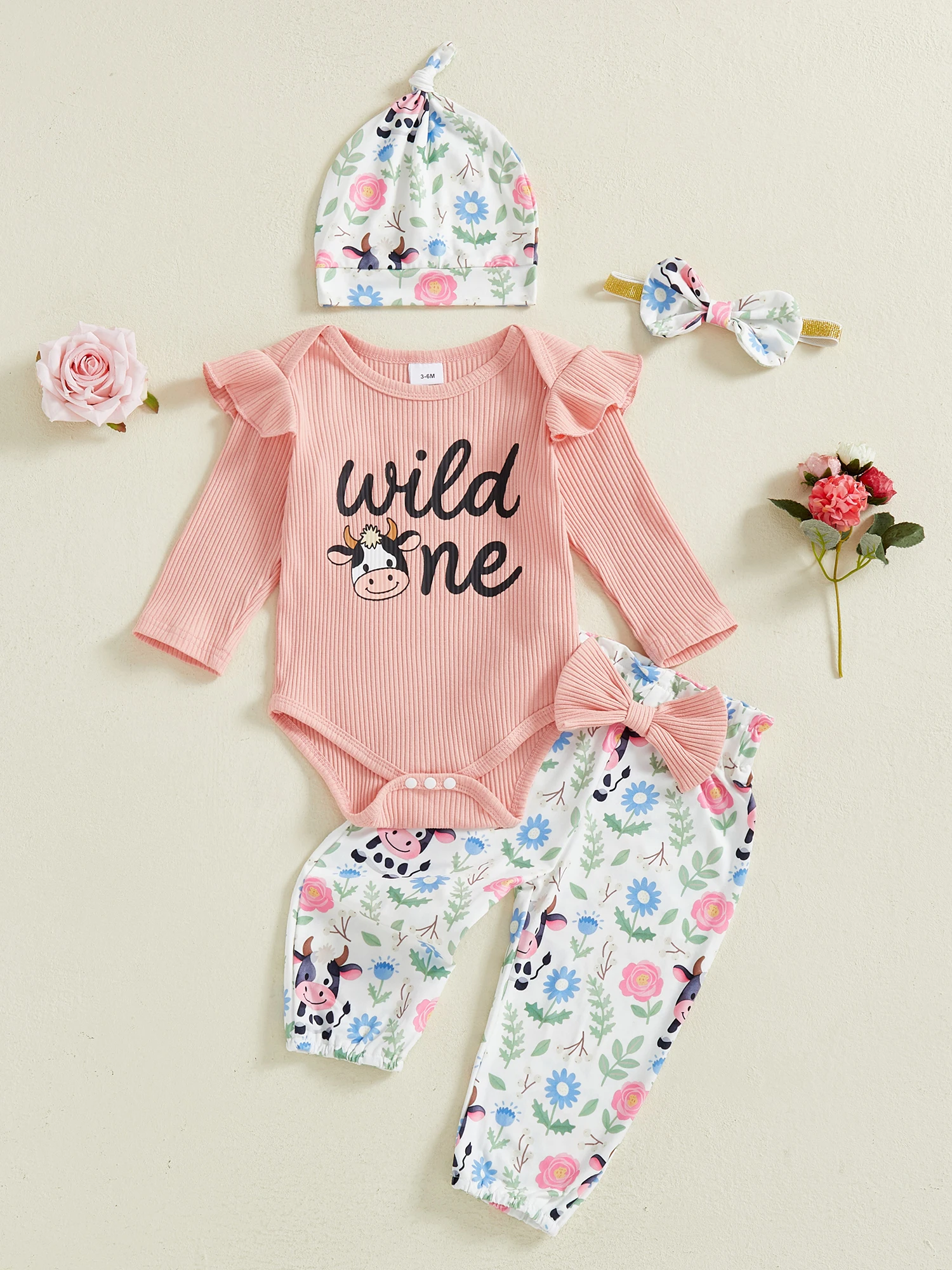 طقم مكون من 3 قطع للفتيات الصغيرات بأكمام طويلة ورقبة دائرية وطبعة زهور وسروال بخصر مطاطي وعصابة رأس للخريف