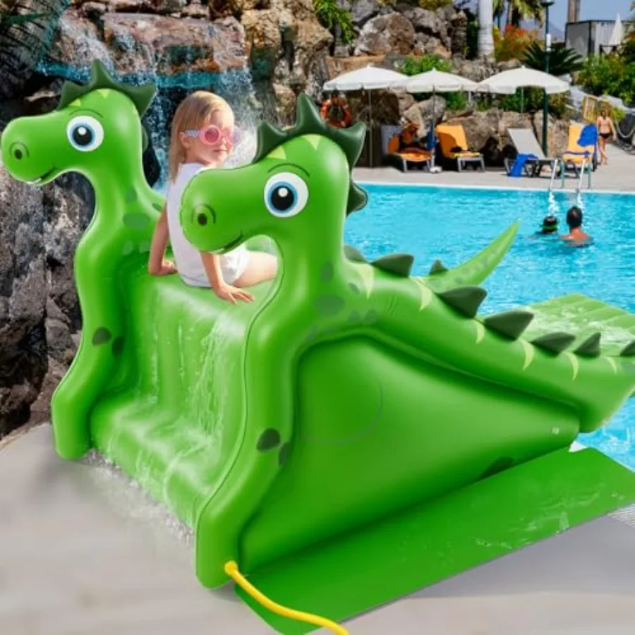Backyard pool slide for kids adults: inflatable dinosaur-themed water slide, 98-inch, PVC material, vibrant green, quick-setup